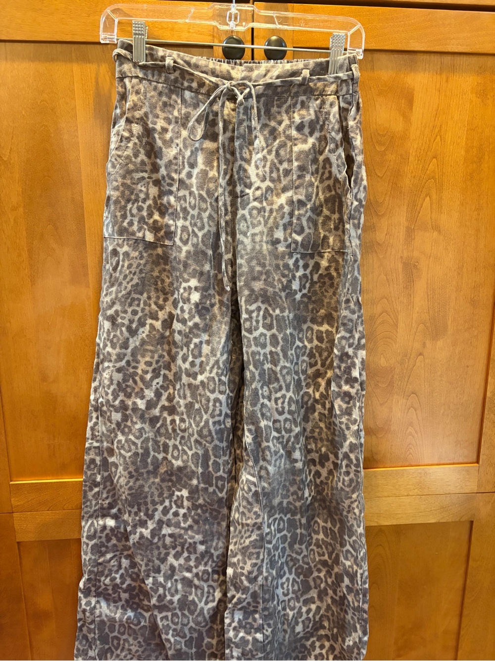 Little Lies Wide-Leg Linen Leopard Print Drawstring Pants - Small